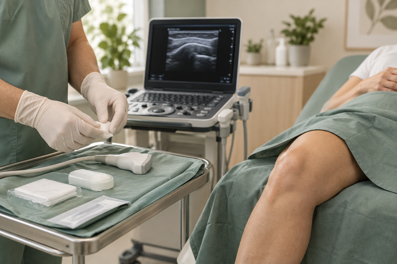 Dor no joelho: Causas e Tratamento em Sorocaba com o Dr. Lucas Marthe 34 Ambiente preparado para avaliação e planejamento de procedimento guiado por imagem